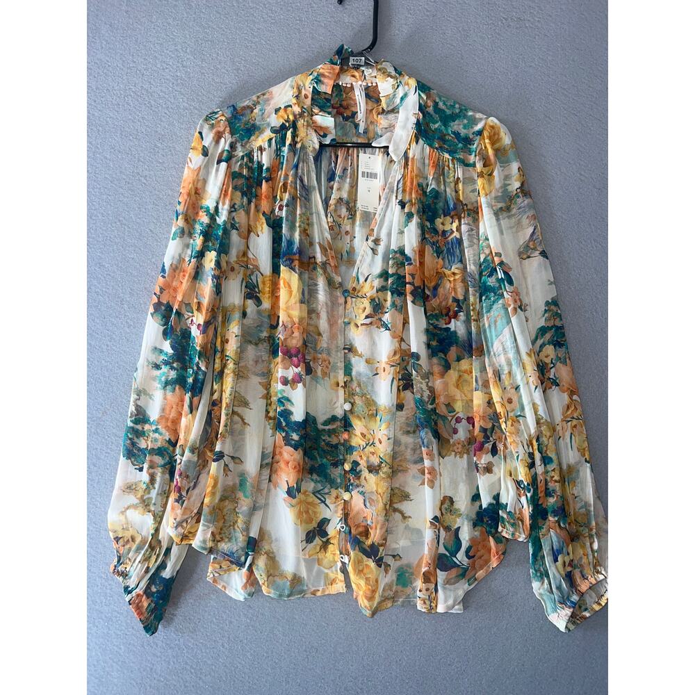 Anthropologie  Blouse Women's Medium Floral Button Front Long Sleeve Sheer